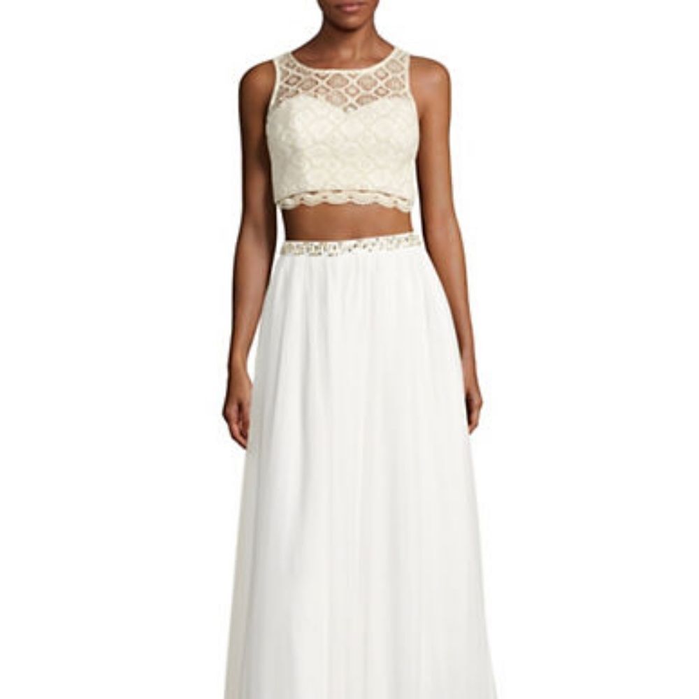 Sequin Hearts Two-Piece Sequin Lace Crop Top and Skirt-WHITE-7